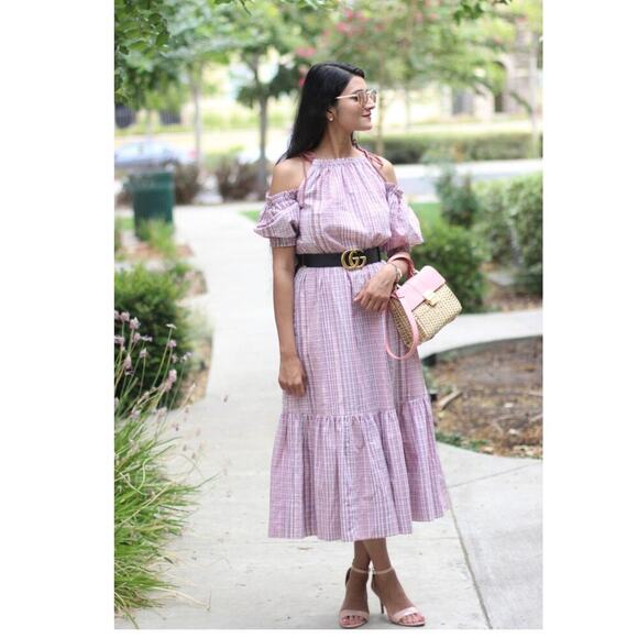 La Vie Rebecca Taylor Cold Shoulder Lurex Plaid Midi Dress Size Small - Picture 2 of 11